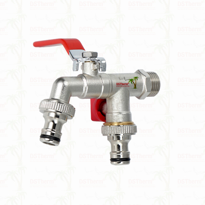 真鍮製経済型ダブルアウトレット水栓 ニッケルめっき 赤ハンドル 1/2"*3/4"*3/4"