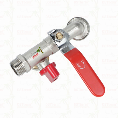真鍮製経済型ダブルアウトレット水栓 ニッケルめっき 赤ハンドル 1/2"*3/4"*3/4"
